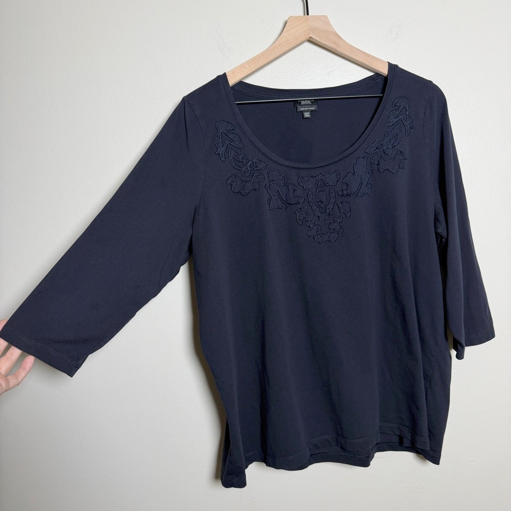 Talbots Navy Blue Pima Cotton Embroidered Scoop Neck 3/4 Sleeve Top 2XP Petite